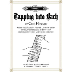 Book cover for 'Tapping into Back' by Greg Howard. The cover features a white background with an ornate gold border, black gothic title text, and a black-and-white line drawing of hands playing a Chapman Stick.